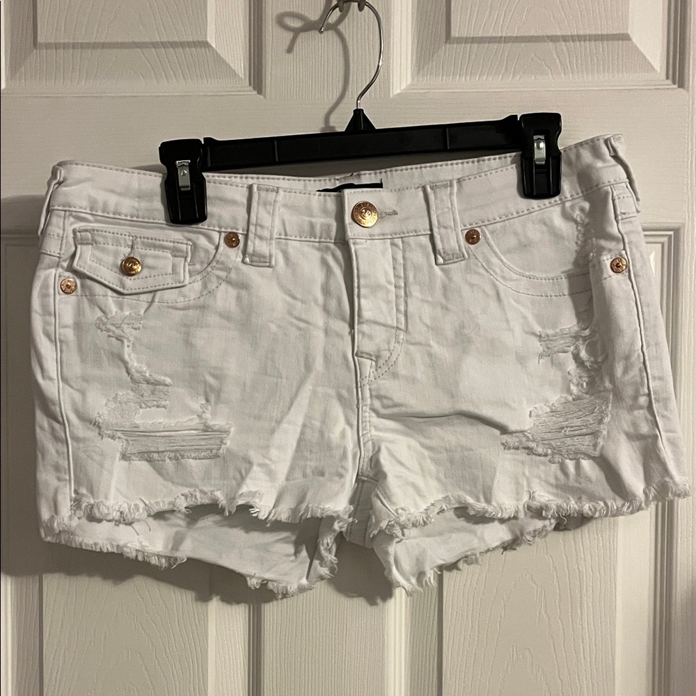 True Religion Joey Cut-Off White Distressed Denim Shorts